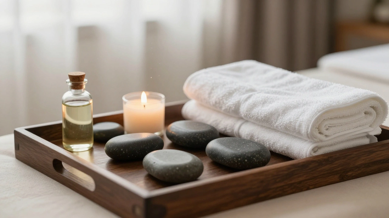 Spa room interior with hot stones, towels, and candles in soft light.